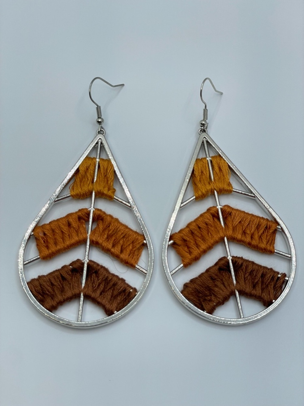 Silver Tone Teardrop Cord Dangle Earrings Boho Brown Mustard